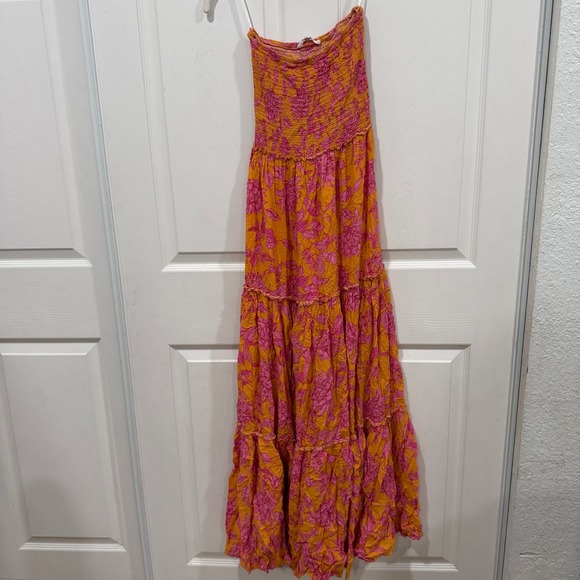 ABEL THE LABEL Orange Pink Floral Smocked Tiered Maxi Dress Strapless XS - Picture 1 of 5